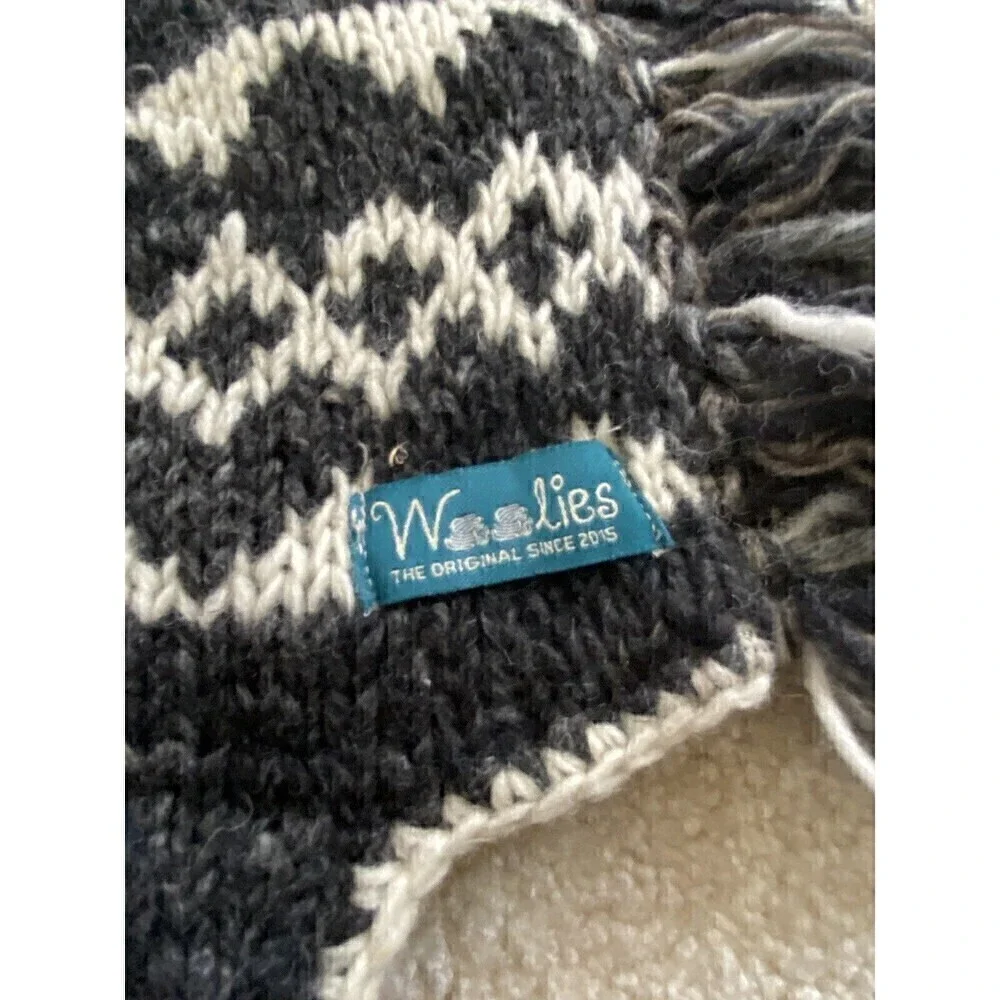 Woolies Wool Hat Cap Ear Flap L Grey Beanie Polar Fleece Lined Nepal Aztec Ikat